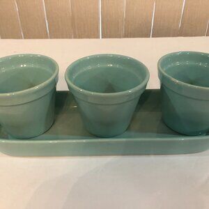 Set of Three lovely light turquoise Ceramic Planter Pots with Tray